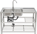 Free Standing Commercial Kitchen Sink Stainless Steel, Double Bowl Utility Sink with 360° Rotatable Faucet and Water Pipes Restaurant Outdoor Utility Sink Left Dual-Bowl (47x17.7x31.5in-A)