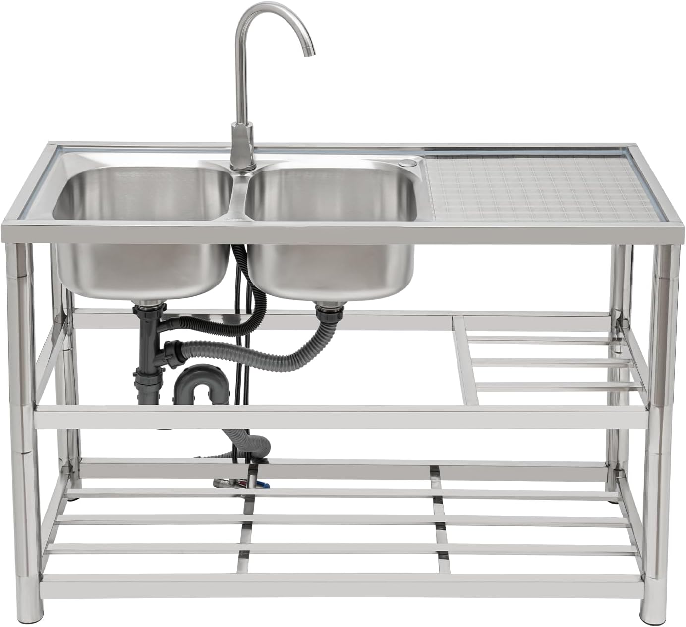 Free Standing Commercial Kitchen Sink Stainless Steel, Double Bowl Utility Sink with 360° Rotatable Faucet and Water Pipes Restaurant Outdoor Utility Sink Left Dual-Bowl (47x17.7x31.5in-A)