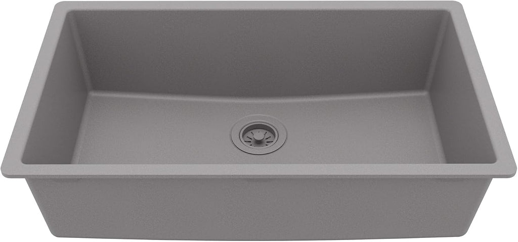 Karran Undermount 33' Large Single Bowl Granite Quartz Composite Kitchen Sink in Grey – Extra Deep 9' Basin, Heat & Scratch Resistant, Sound Dampening, Rear Drain – QU-812