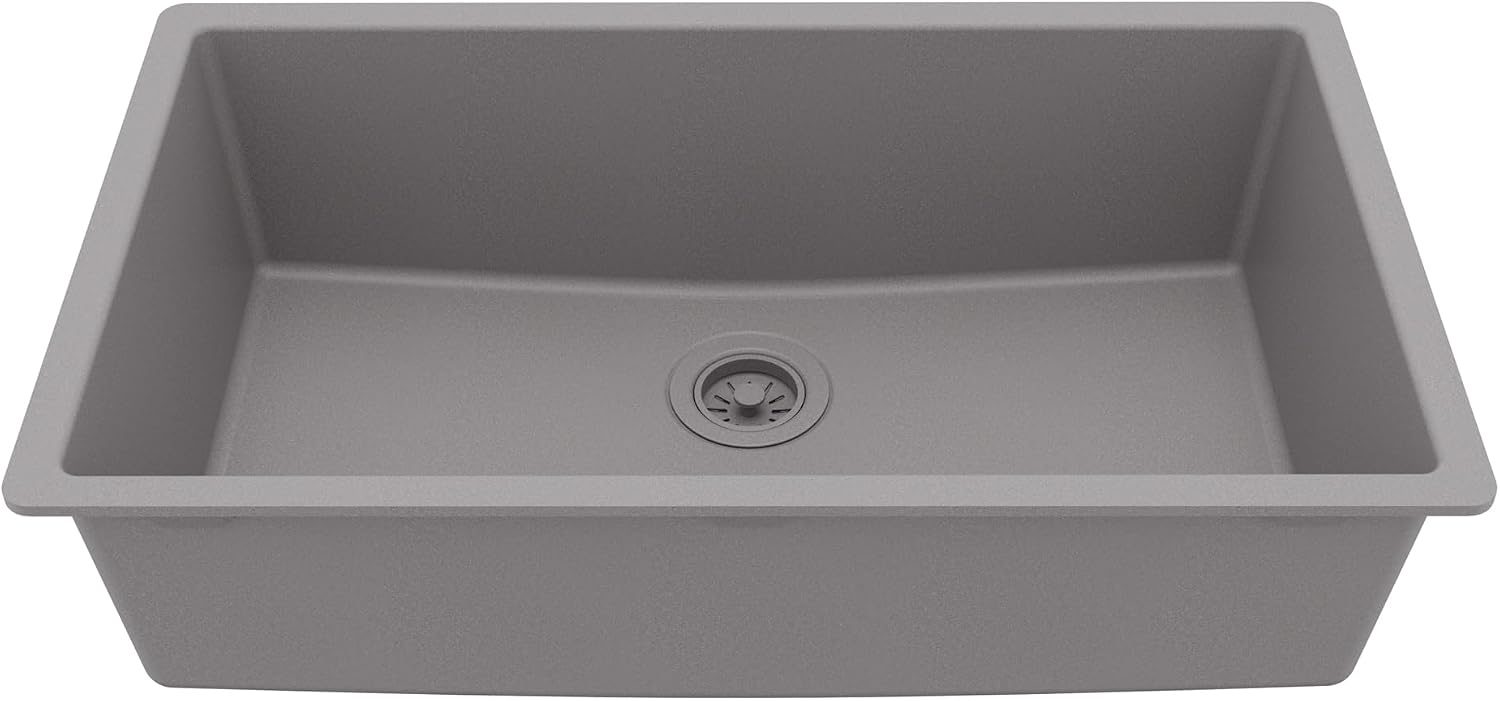 Karran Undermount 33' Large Single Bowl Granite Quartz Composite Kitchen Sink in Grey – Extra Deep 9' Basin, Heat & Scratch Resistant, Sound Dampening, Rear Drain – QU-812