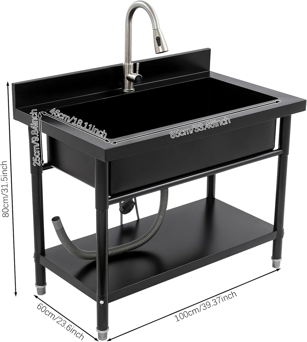 Stainless Steel Utility Sink, 33.46 * 18.11 * 9.84in Commercial Single Bowl Bar Sink Laundry Tub Culinary Sinks Freestanding Workstation Sinks with Pull-out Faucet for Restaurants Canteens kitchens