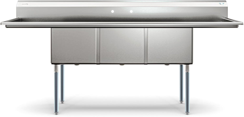 KoolMore 90 in. Three Compartment 18-Gauge Stainless-Steel NSF Commercial Kitchen Sink, Bowl Size 18x18x14, with Three Basins and Pre-Drilled Faucet Holes and Two Drainboards (KM-SC181814-18B3)