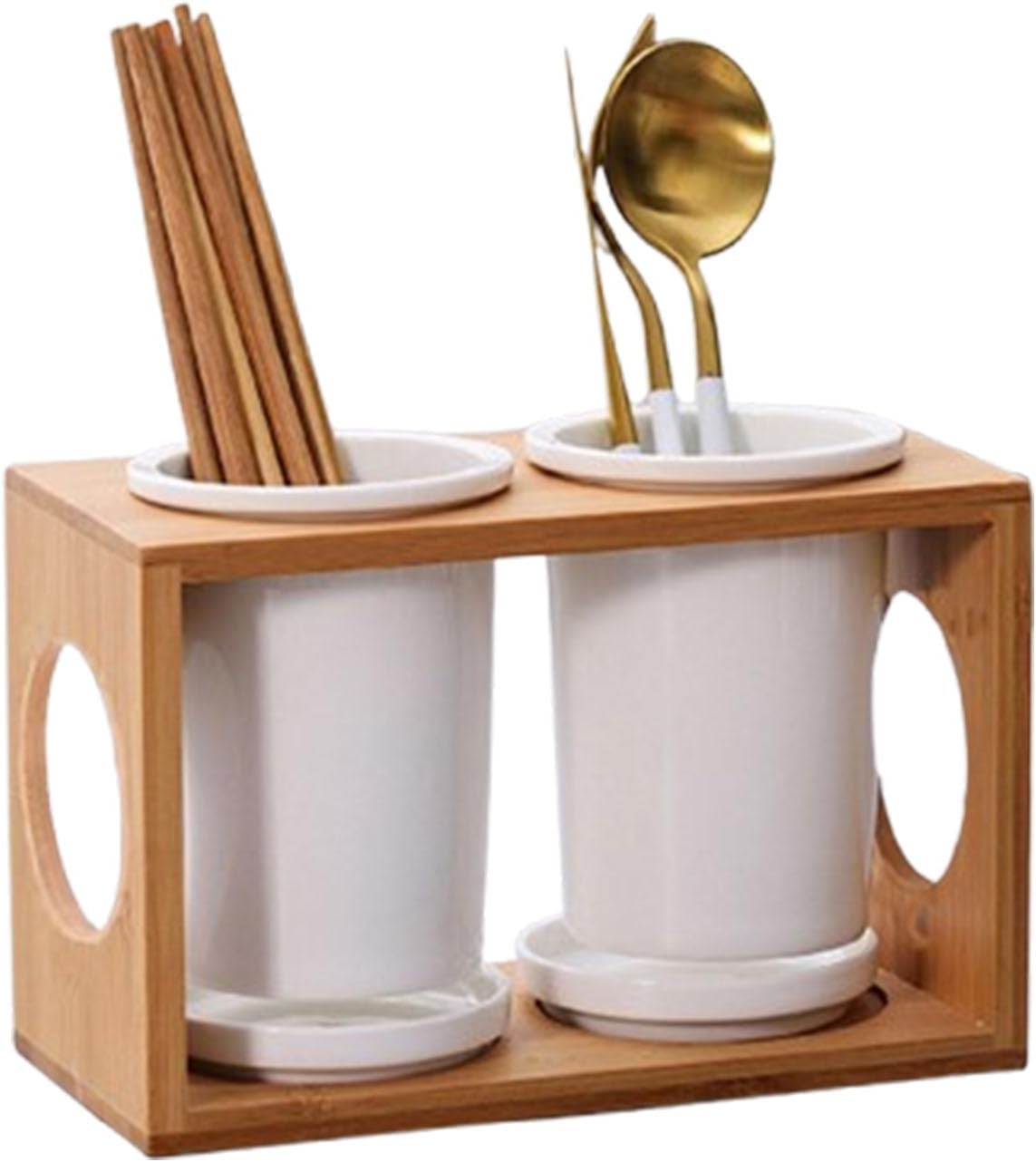 Cup Storage Holder,Bamboo Utensil Holder Set - 3 Ceramic Caddies with Drain Tray for Kitchen Counter, Ideal for Spoon, Fork & Knife Organization，B 8.27in