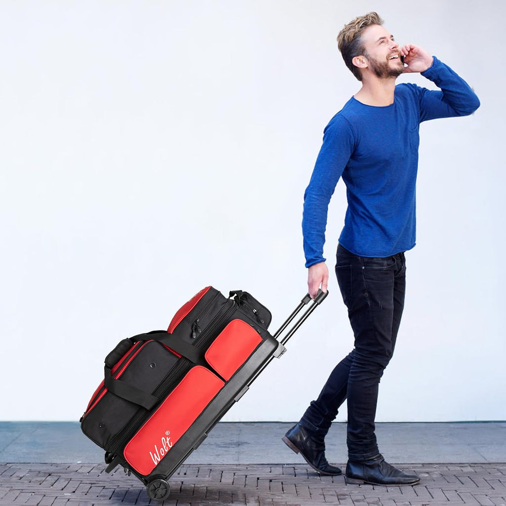 WOLT 3 Ball Bowling Bags with Wheels,Bowling Ball Bag 3 Ball Roller with Separate Shoe Compartment and Accessory Pocket, Retractable Handle Extends to 38''
