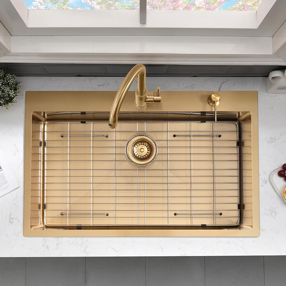 33 Inch Gold Drop In Kitchen Sink with Faucet Combo-VASOYO 33x22 Inch Gold Kitchen Sink with Faucet Combo Set Stainless Steel Deep Single Bowl Topmount Sinks and Faucets