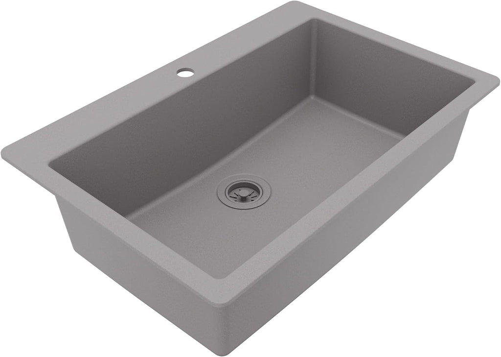 Karran 33' Drop-In Top Mount Quartz Composite Single Bowl Kitchen Sink in Grey – Extra Deep 9' Basin, Heat Resistant, Sound Dampening, Easy Clean Surface
