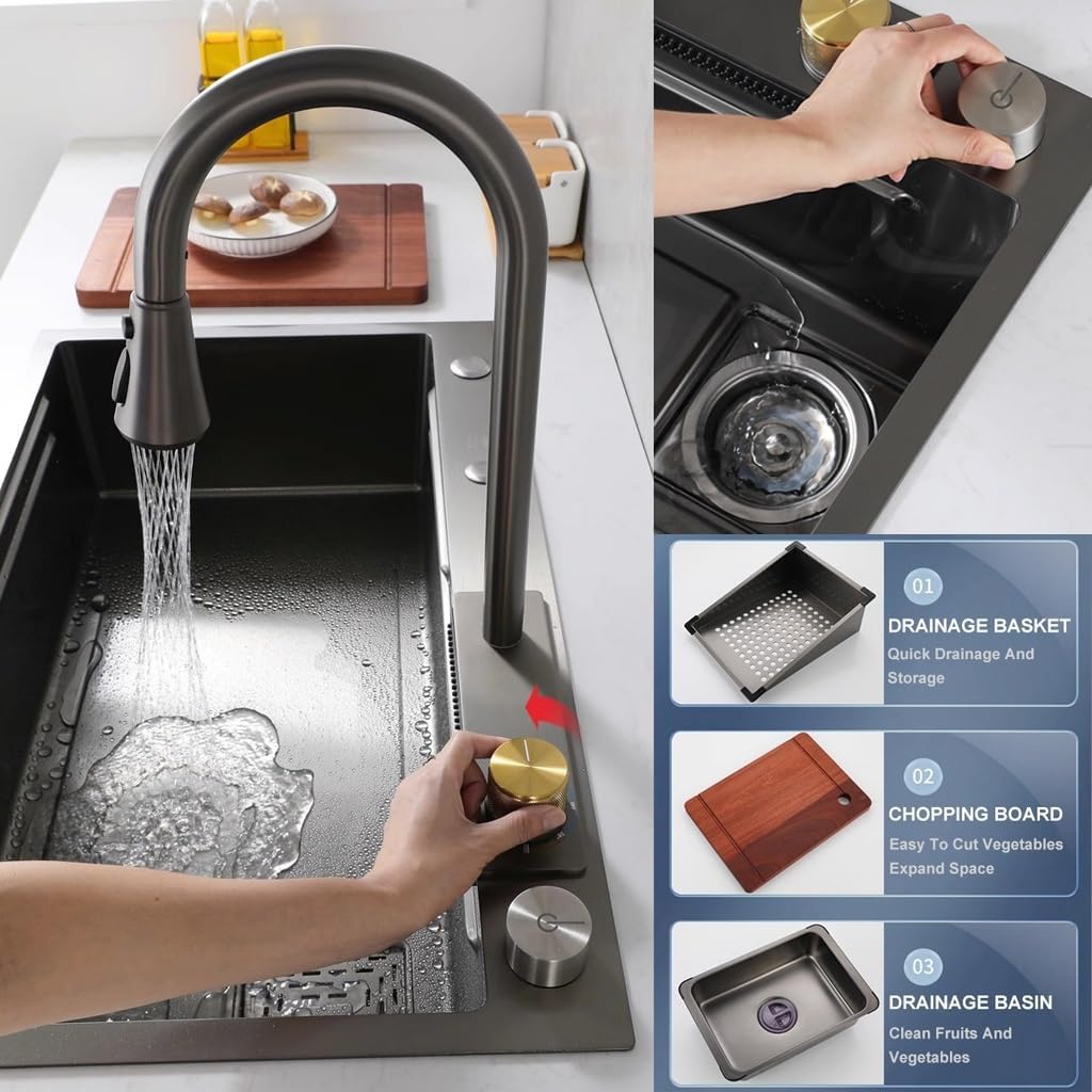 Stainless Steel Waterfall Bar Sink Single Bowl Kitchen Sink Multi-Purpose Handmade Sink Rv Sink Nano-Coated Workstation Sink with Pull-Out Faucet (Size : 80x45x22cm) (80x45x22cm)