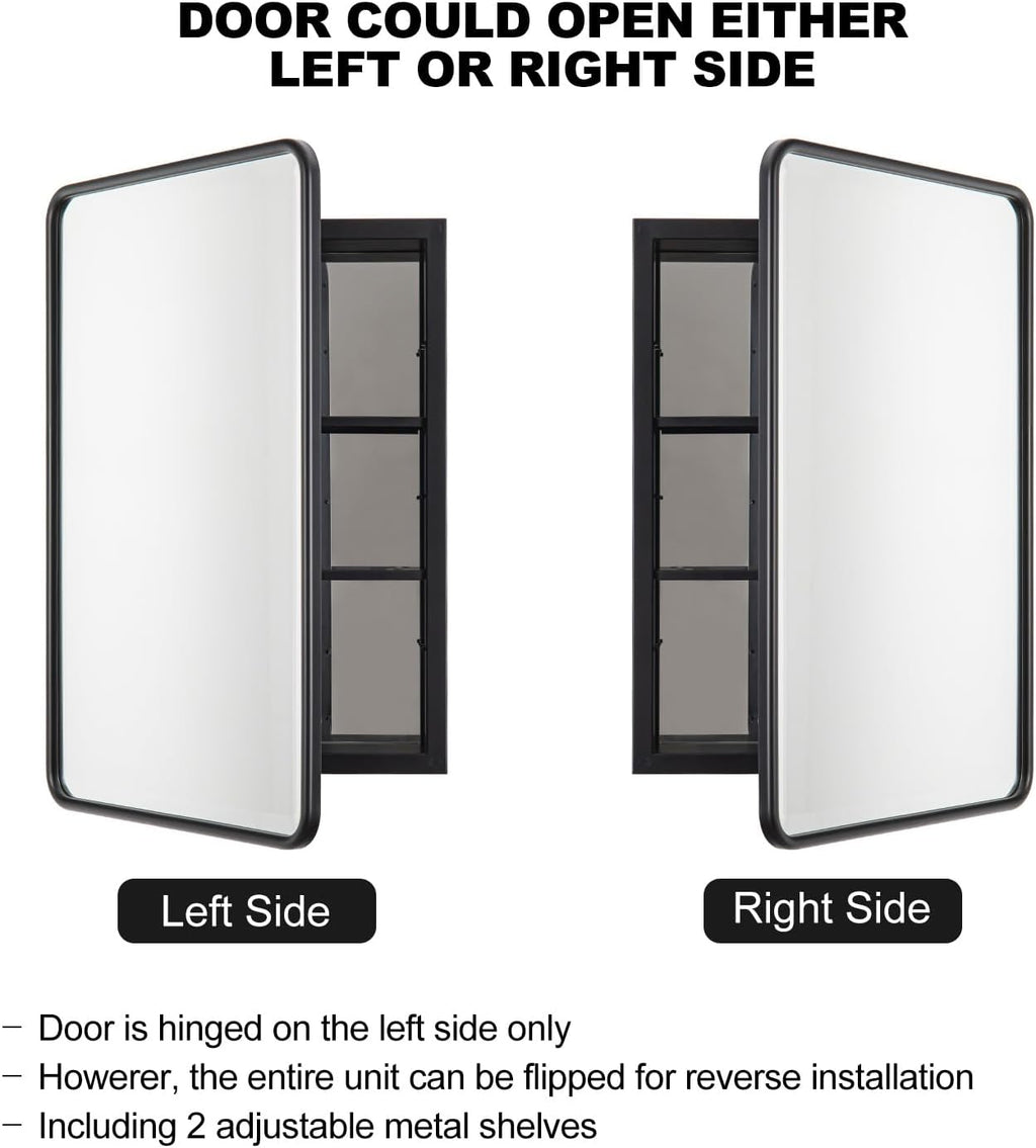 Black Bathroom Medicine Cabinet with Mirror 16 x 24 Metal Frame Recessed Or Wall Mounted Single Door Storage Medicine Cabinets with Adjustable Shelves Rounded Corner Beveled Mirrors