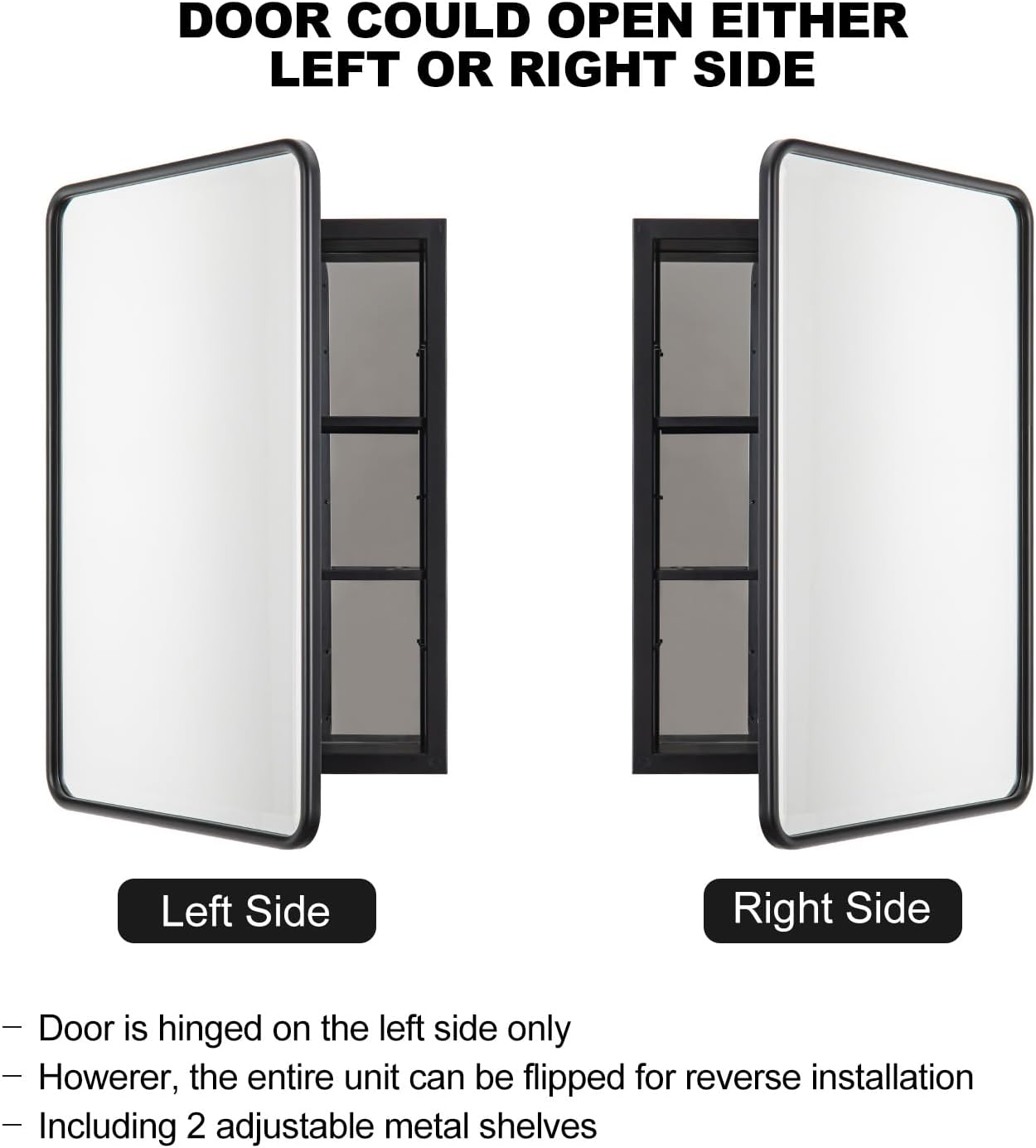 Black Bathroom Medicine Cabinet with Mirror 16 x 24 Metal Frame Recessed Or Wall Mounted Single Door Storage Medicine Cabinets with Adjustable Shelves Rounded Corner Beveled Mirrors
