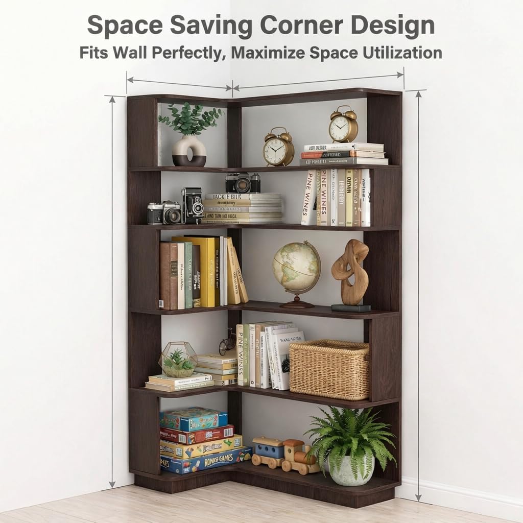 5 Tier Corner Bookshelf, Freestanding L-Shaped Wooden Bookcase with Open Shelves, Anti-Fall Panels and Anti-Tipping Device for Living Room, Home Office (Ox Blood Red with Right Extension)