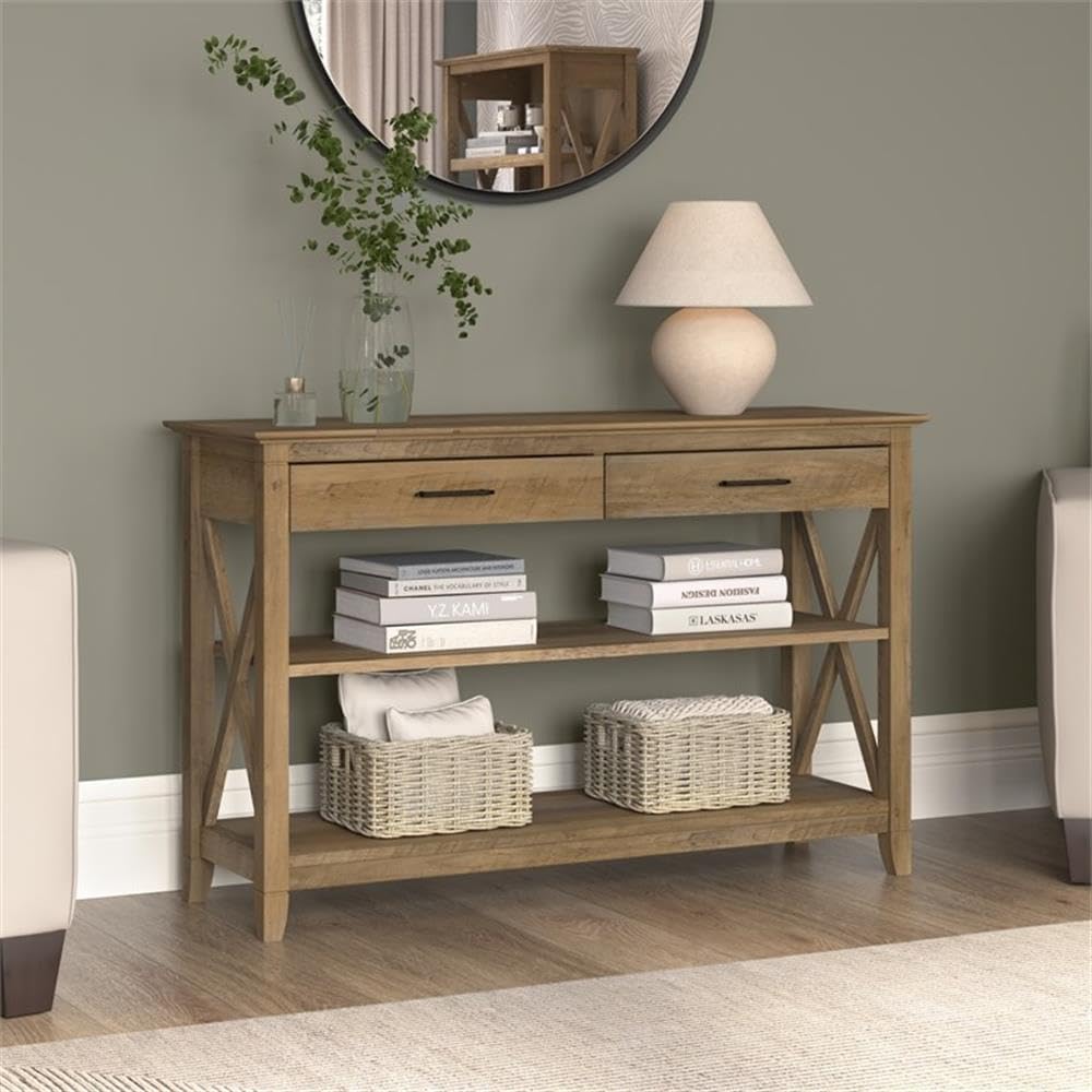 Bush Home Key West Console Table with Drawers and Shelves in Reclaimed Pine, Living Room Storage Solution with Shelving for Media and Books