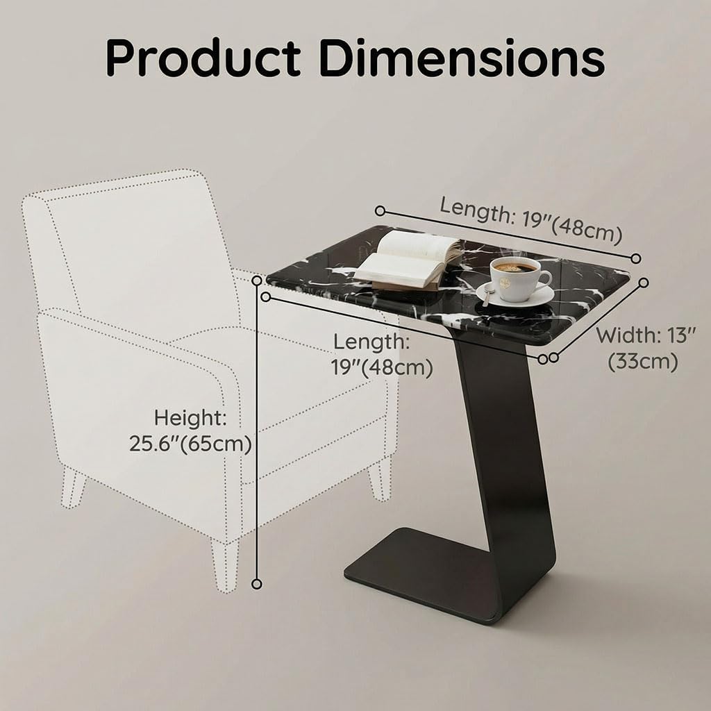 25.5-Inch High C-Shaped End Table with Tempered Glass Top & Black Metal Frame, Modern Space-Saving Sofa Side Table for Living Room, Bedroom, Small Spaces (B)