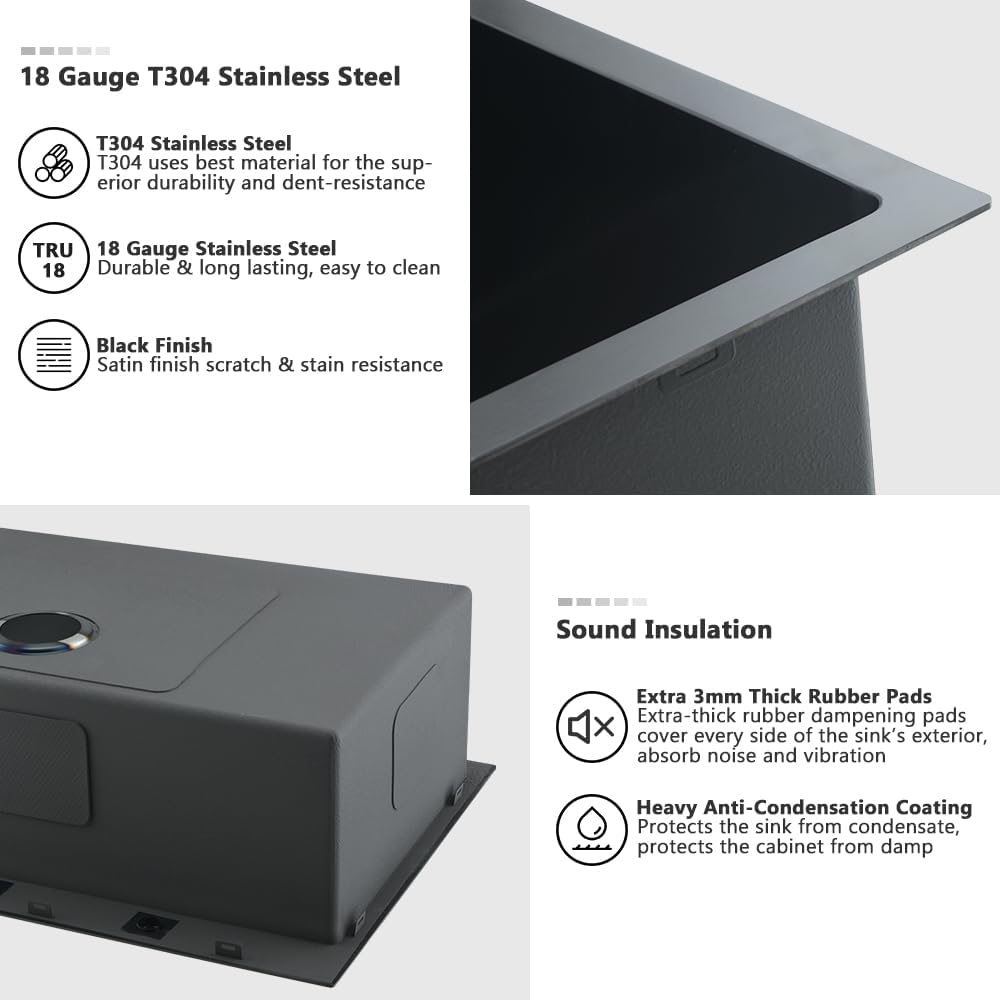 30 Inch Black Kitchen Sink Drop In-VASOYO 30x18 Black Stainless Steel Drop In Kitchen Sink Deep Single Basin Kitchen Sink Top Mount Kitchen Sinks with Faucet Combo