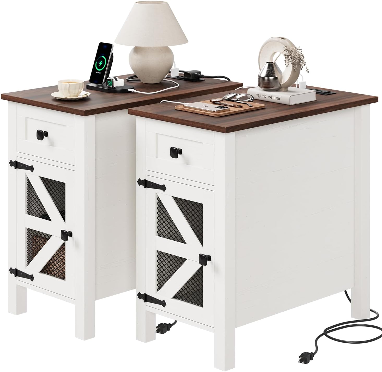 HAIOOU Farmhouse End Table with Charging Station, Narrow Side Tables for Living Room, Bedside Table with Storage Cabinet and Drawer, Slim Wood Nightstand for Small Space(Rustic White)