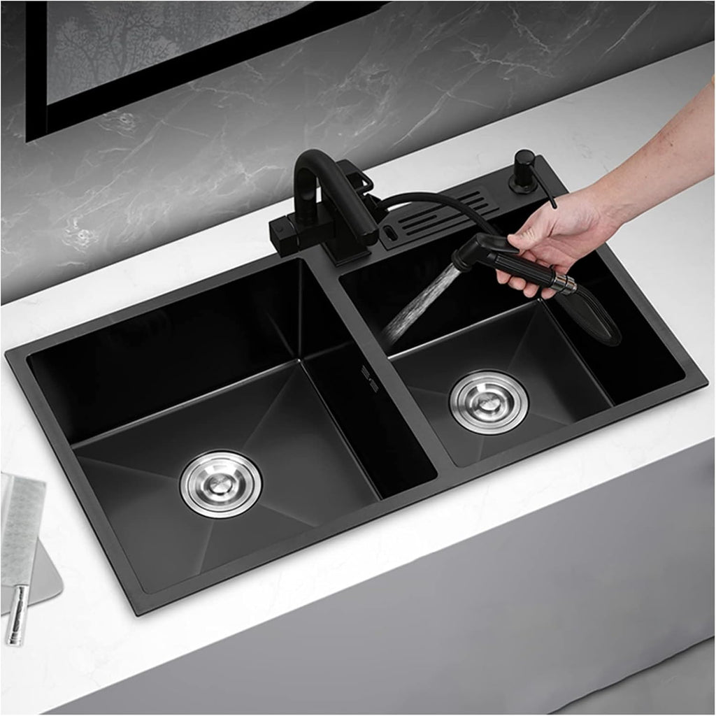 Black Double Bowl Kitchen Sink 304 Stainless Steel Bar Preparation Sink RV Sink with Faucet and Drainage Kit Top Mount Or Undermount (Color : Black-E, Size : 80x45x21cm)