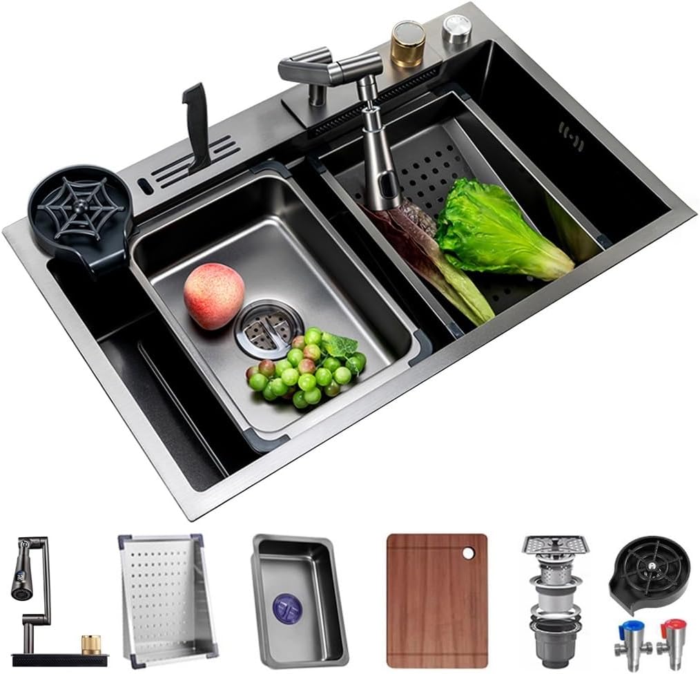 Waterfall Sink with 1080° Rotating Faucet Stainless Steel Single-Bowl Kitchen Workstation Sink with Pull-Out Faucet and Cup Washer Dual-Mount (Color : Black, Size : 68x46x21cm) (Black 68x46x21cm)