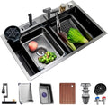 Waterfall Sink with 1080° Rotating Faucet Stainless Steel Single-Bowl Kitchen Workstation Sink with Pull-Out Faucet and Cup Washer Dual-Mount (Color : Black, Size : 68x46x21cm) (Black 68x46x21cm)