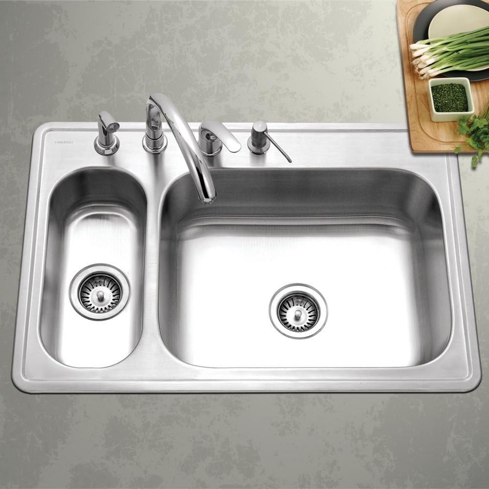 Houzer Legend 33 inch Stainless Steel Topmount 4-hole 80/20 Double Small Left Bowl Kitchen Sink with Strainer - LHD-3322-1