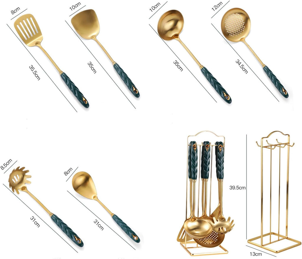7 Pieces Ceramic Handle Stainless Steel Kitchenware Cooking Utensils Kitchen Utensils Set with Holder Include Slotted Spoon Slotted Spatula Large Spoon Soup L,Pink-Large