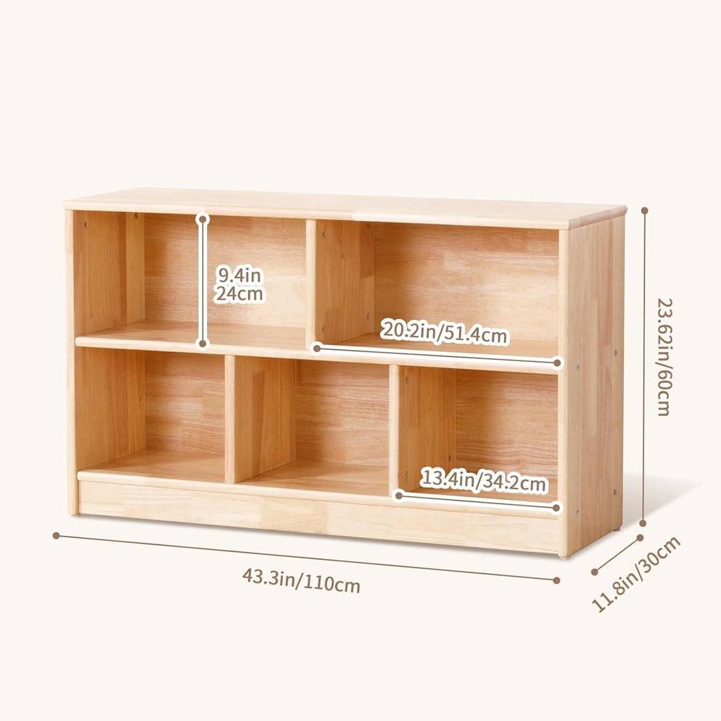 OOOK Rubber Wood 5-Compartment Montessori Shelf, 43.3' L, 2-Tier Toy Organizers and Storage, Wooden Storage Cabinet for Kids Room, Playroom, Nursery, Classroom, Kindergarten