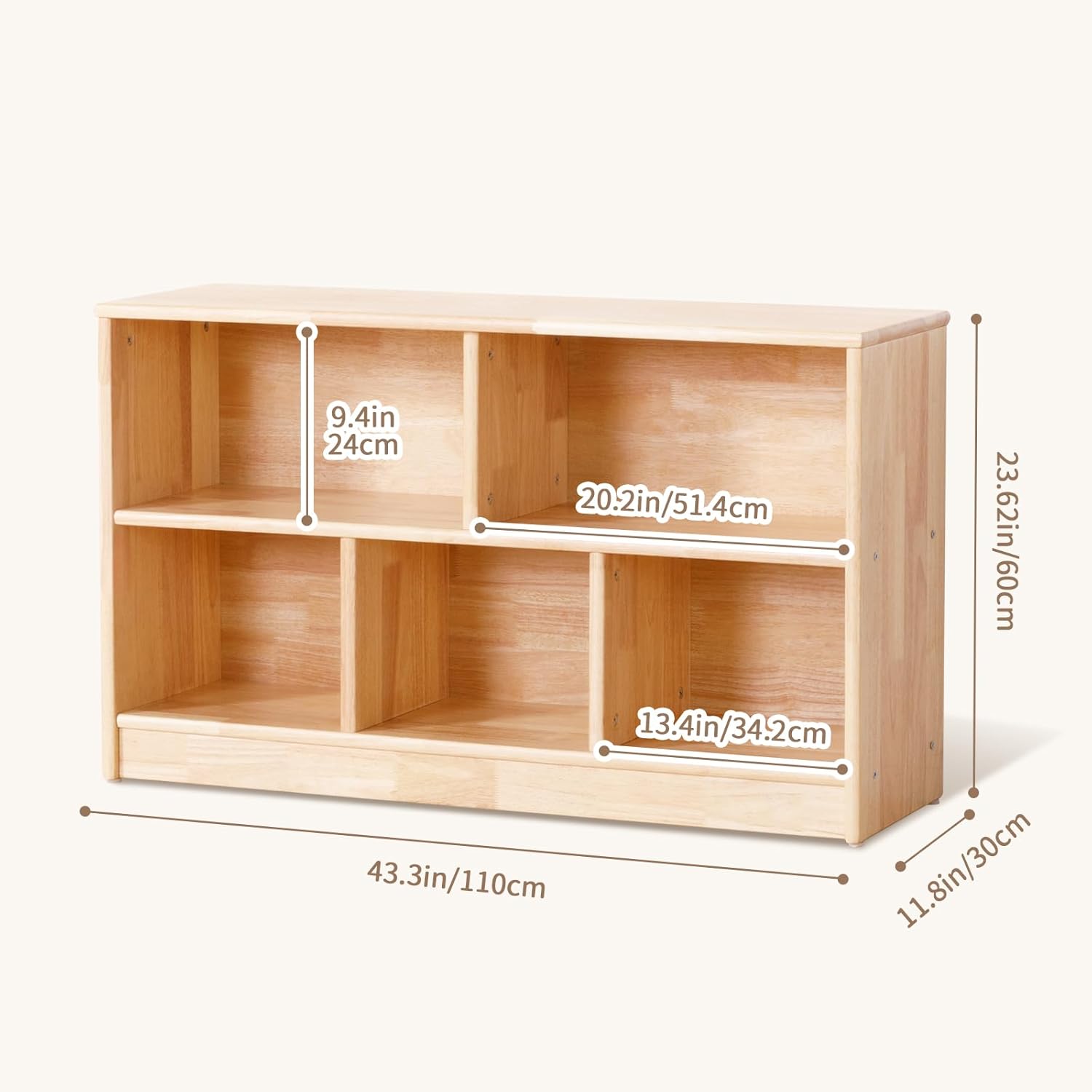 OOOK Rubber Wood 5-Compartment Montessori Shelf, 43.3' L, 2-Tier Toy Organizers and Storage, Wooden Storage Cabinet for Kids Room, Playroom, Nursery, Classroom, Kindergarten