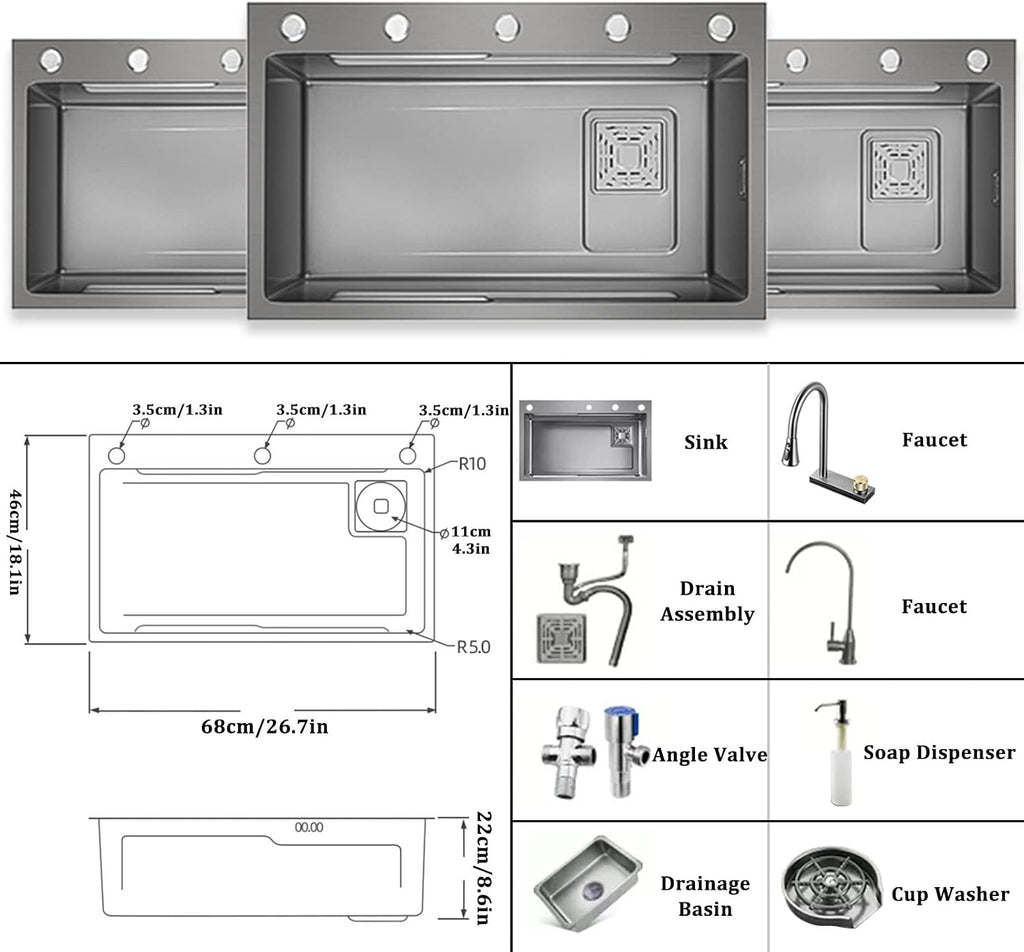 Generic Square Single Bowl Kitchen Sink 304 Stainless Steel Waterfall Sink He Multi-Function Rv Sink with Faucet and Cup Washer Drop in Or Under Mount (Color : Gun Grey, Size : 68x45x22cm)
