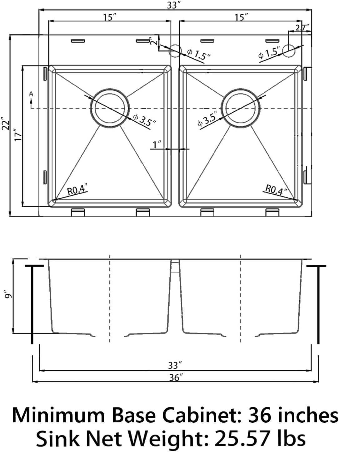 Sinber HT3322D-9-B Drop in Double Bowl 304 Stainless Steel Kitchen Sink (33' x 22' x 9'(Black Sink Only))