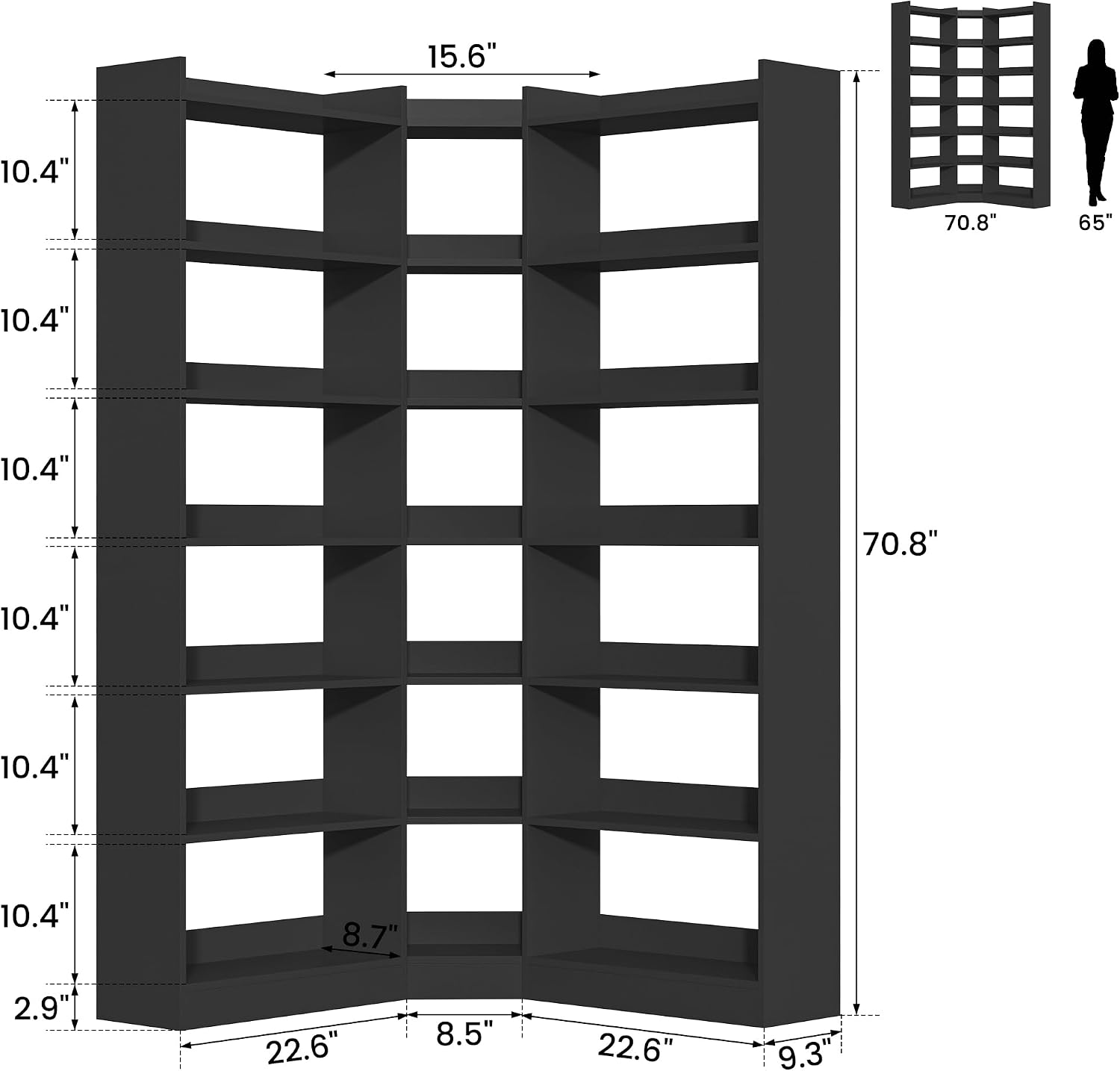 70.8' Tall Corner Bookshelf, 7 Tiers Large Etagere Bookcases with Baffles, L-Shaped Modern Storage Display Rack Industrial Bookshelves for Bedroom, Home Office, Living Room & Kitchen, Black