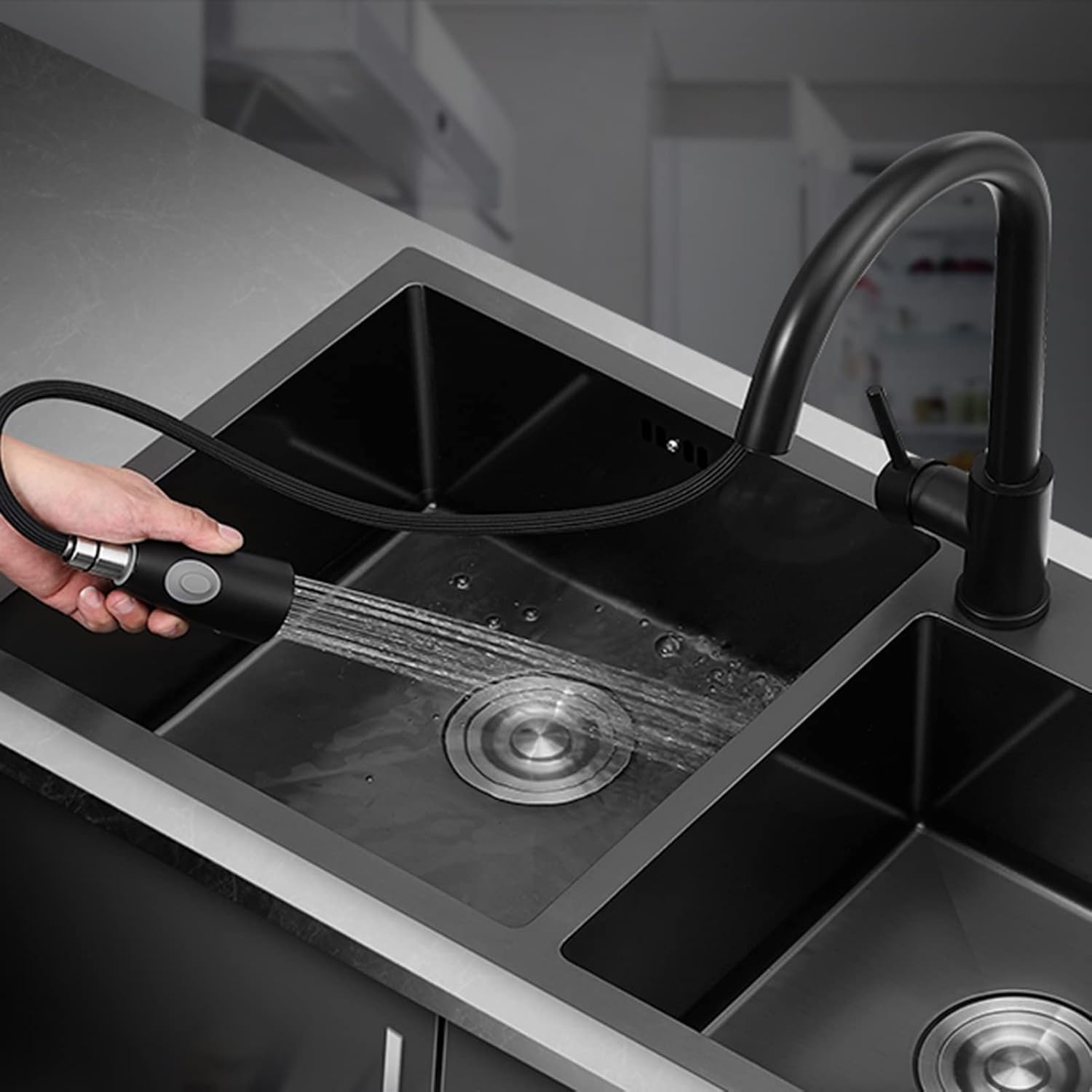 Black Double Bowl Kitchen Sink 304 Stainless Steel Bar Sink Square RV Sink with Faucet & Drain Top Mount Or Undermount (Color : Black-c, Size : 88x48x22cm)
