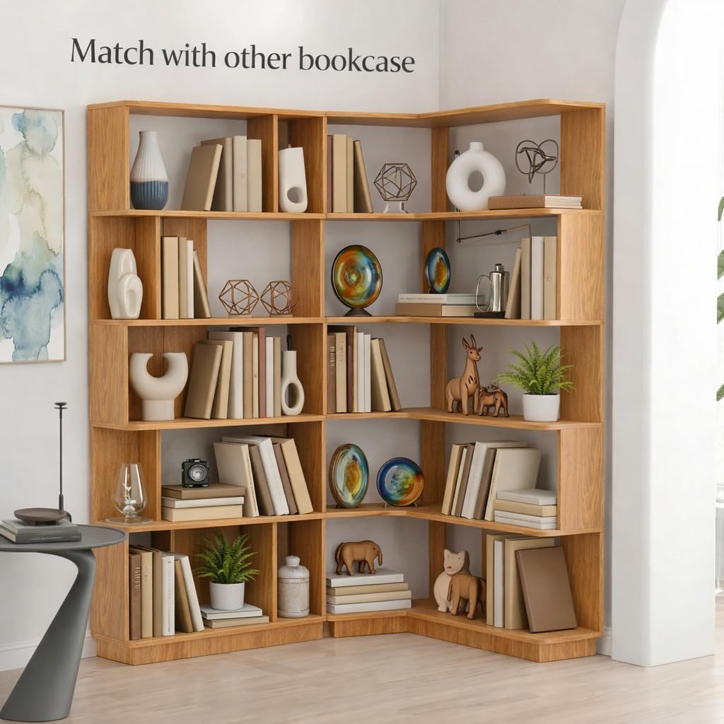 5 Tier Corner Bookshelf, Freestanding L-Shaped Wooden Bookcase with Open Shelves, Anti-Fall Panels and Anti-Tipping Device for Living Room, Home Office (Dark Oak with Right Extension)