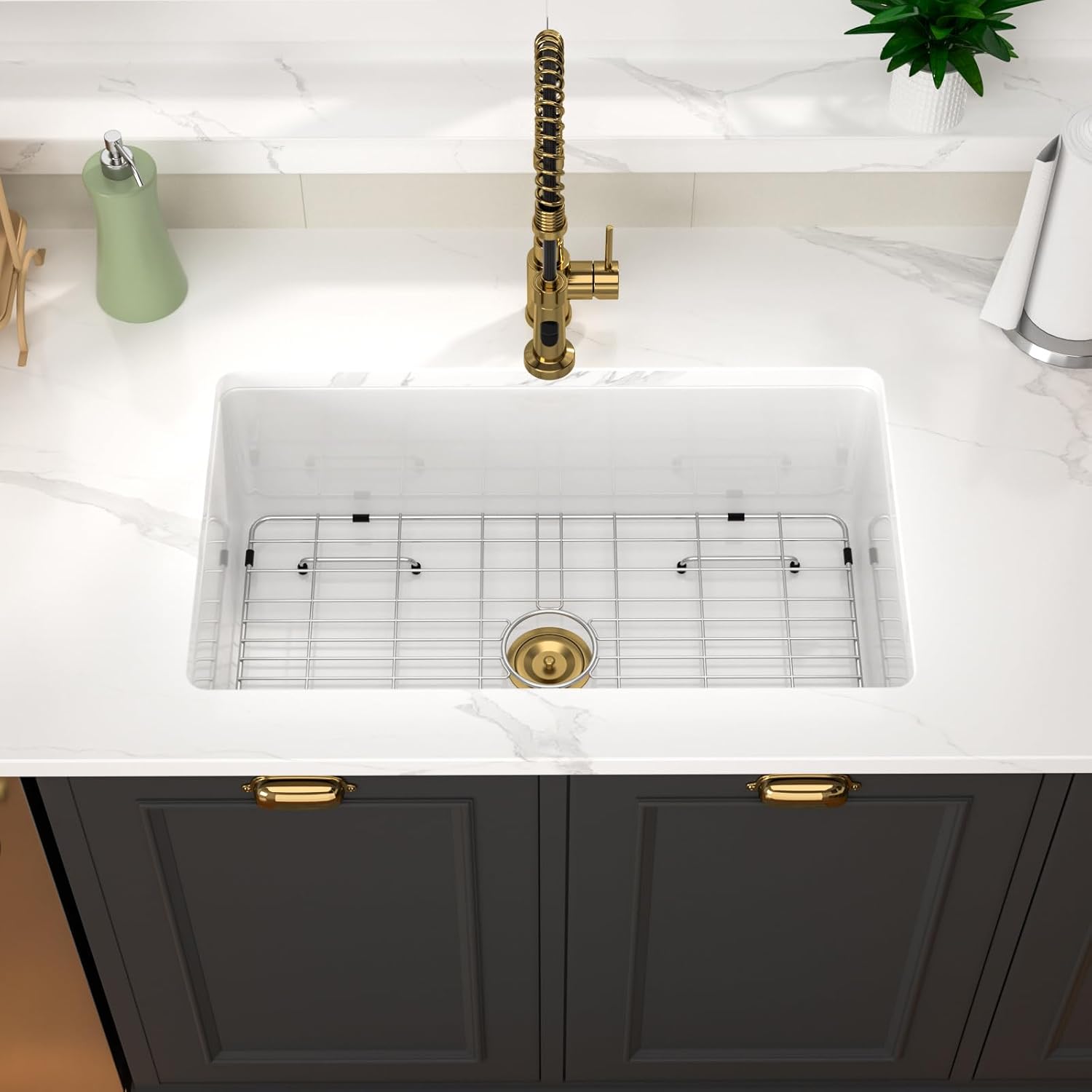 White Undermount Kitchen Sink 30 Inch Porcelain White Kitchen Sink 30'x18'x10' Dual Mount Single Bowl Ceramic Kitchen Sinks - Gold Drain Set
