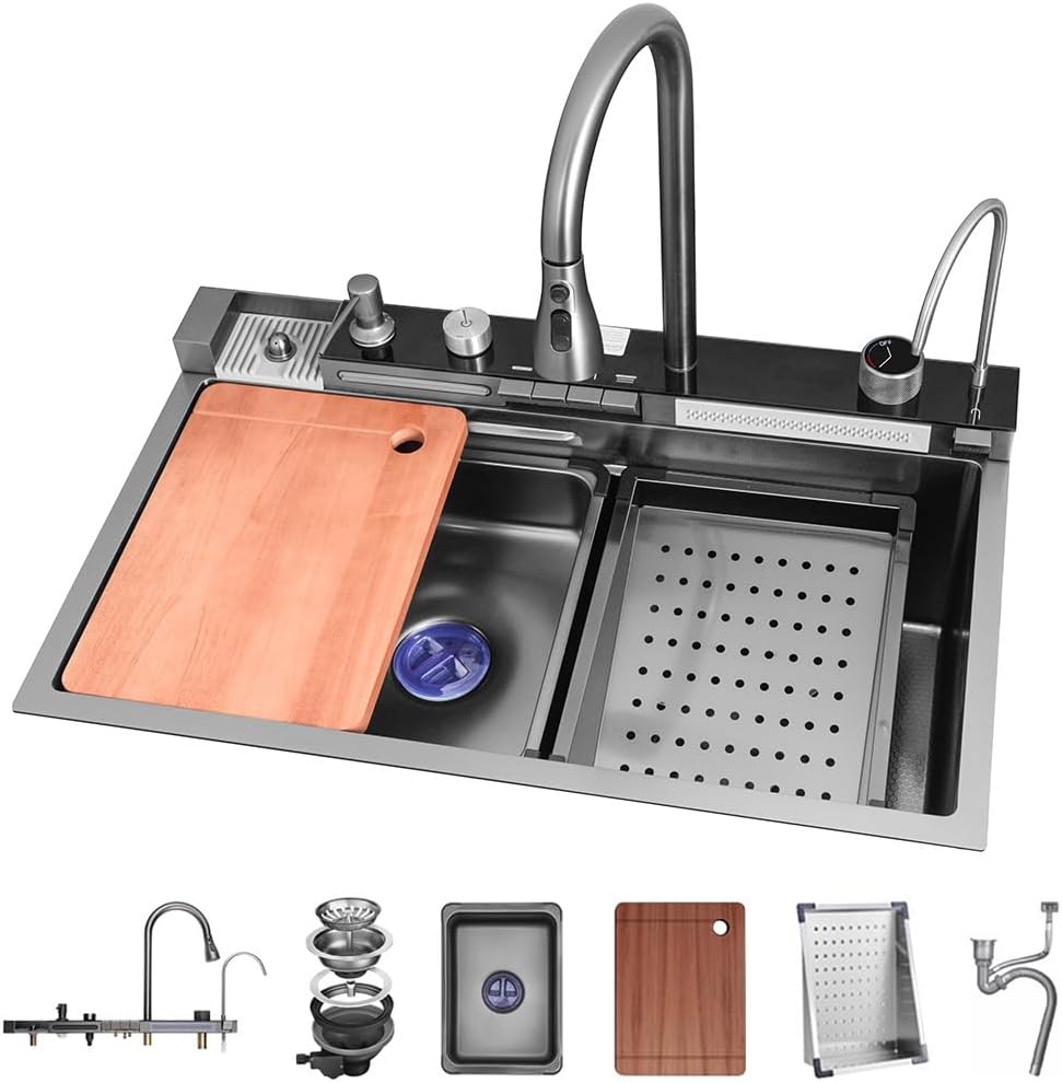 Stainless Steel Single Bowl Kitchen Workstation Sink Multi-Functional Bar Sink Waterfall Pull-Down Faucet and Complete Accessory Set (Black 75x45x21cm)