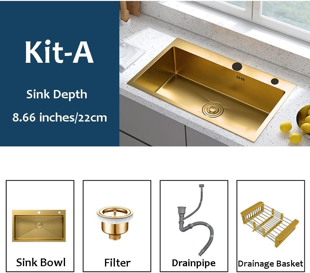 Single Bowl Kitchen Sink - Gold Kitchen Sink - Drop in & Top Mount Kitchen Sink - 16 Gauge Stainless Steel Kitchen Sinks (Color : Kit-B, Size : 53x43x22cm) (Kita 68x45x22cm)