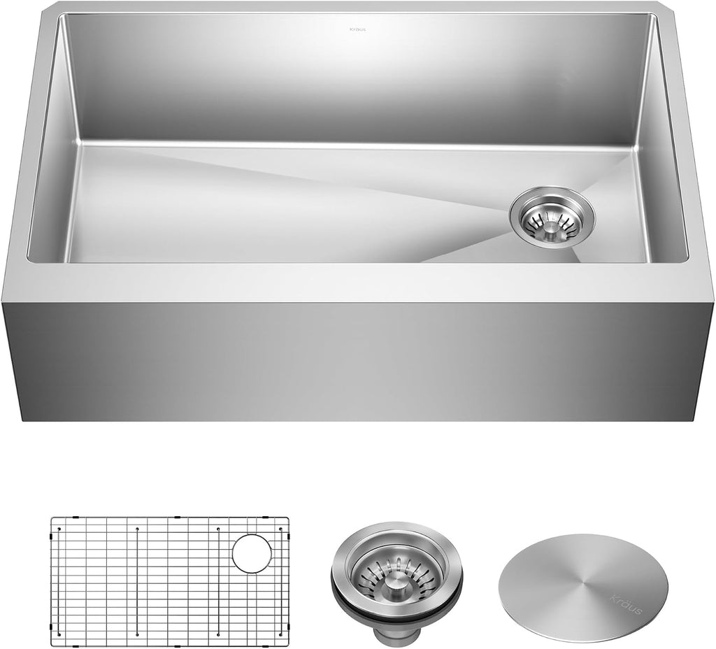 KRAUS Standart Pro 33-Inch Flat Apron Front Farmhouse 16-Gauge Single Bowl Stainless Steel Kitchen Sink, KHF410-33