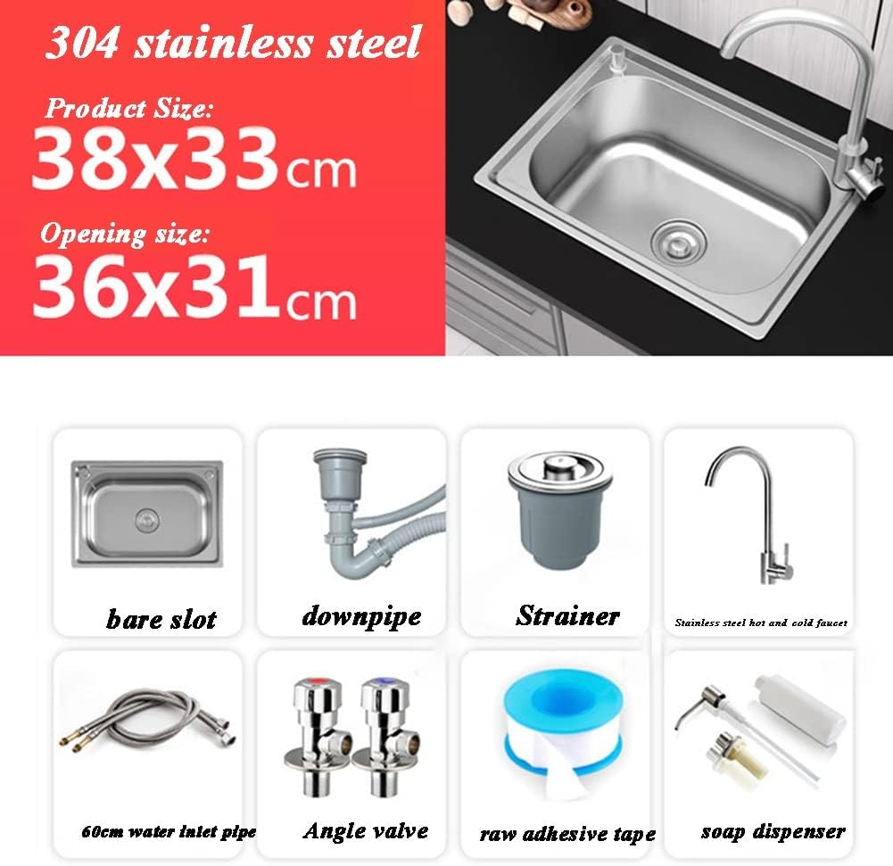 Kitchen Sink Drop-in - 16 Gauge Brushed Stainless Steel Single Bowl Kitchen Sinks - with Accessories,Silver-38x33cm
