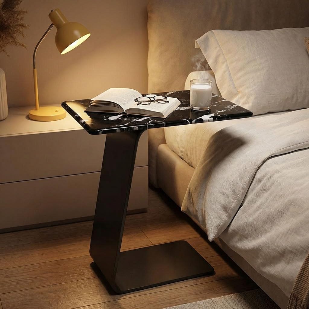 25.5-Inch High C-Shaped End Table with Marble Top & Black Metal Frame, Modern Space-Saving Sofa Side Table for Living Room, Bedroom, Small Spaces(D)