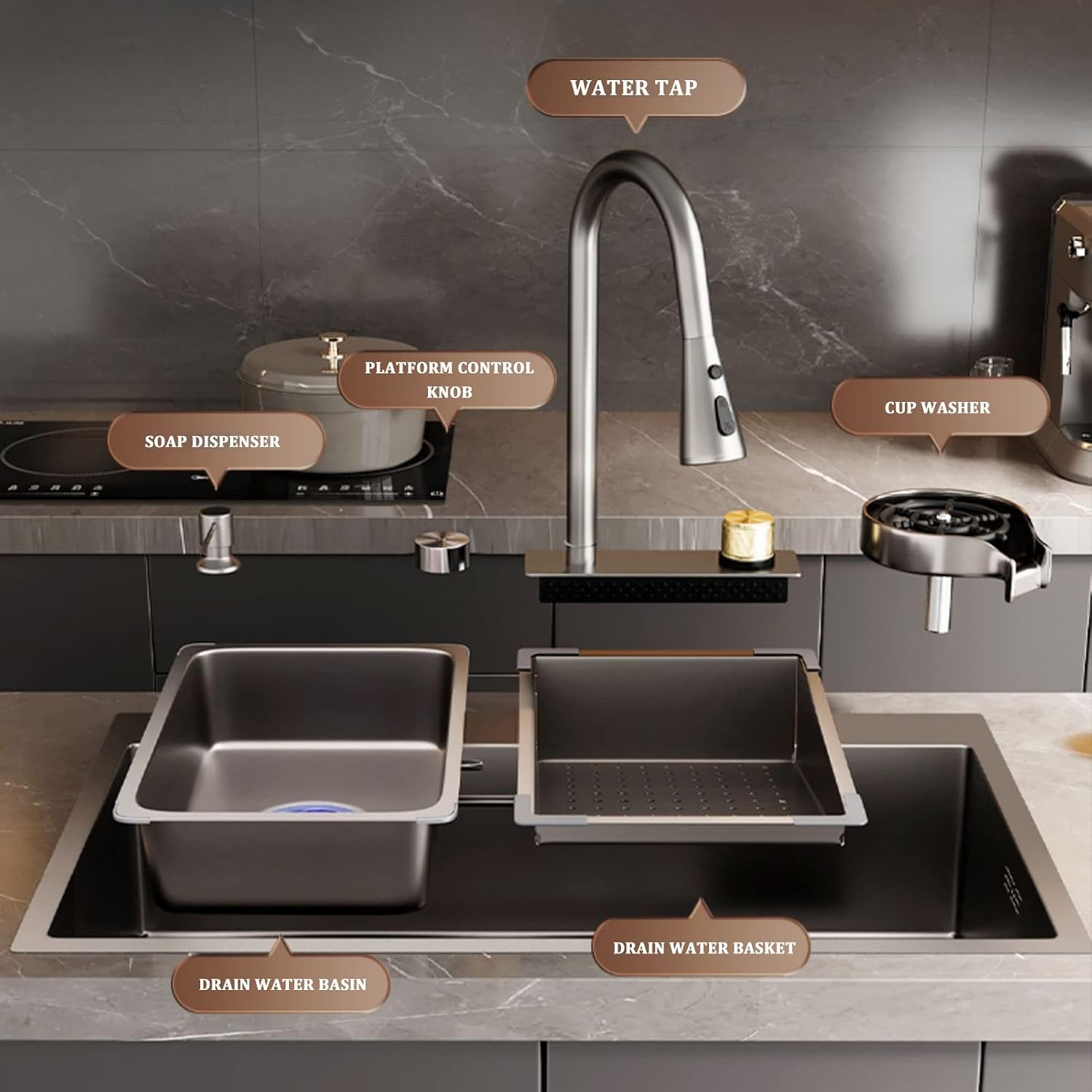 304 Stainless Steel Kitchen Sink Nano Gray Single Bowl Bar Sink Household Dish Basin Hand Sink Multi-Purpose RV Sink with Faucet and Drain Assembly (Color : Grey, Size : 68x45x21cm) (Gun
