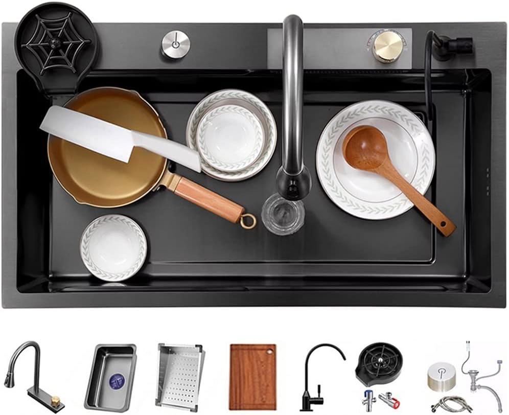 Stainless Steel Single-Bowl Kitchen Workstation Sink Washing Draining and Cutting 3-in-1 Utility Sink Multi-Functional Farmhouse Sink (Color : Black, Size : 68x45x22cm) (Black 68x45x22cm)