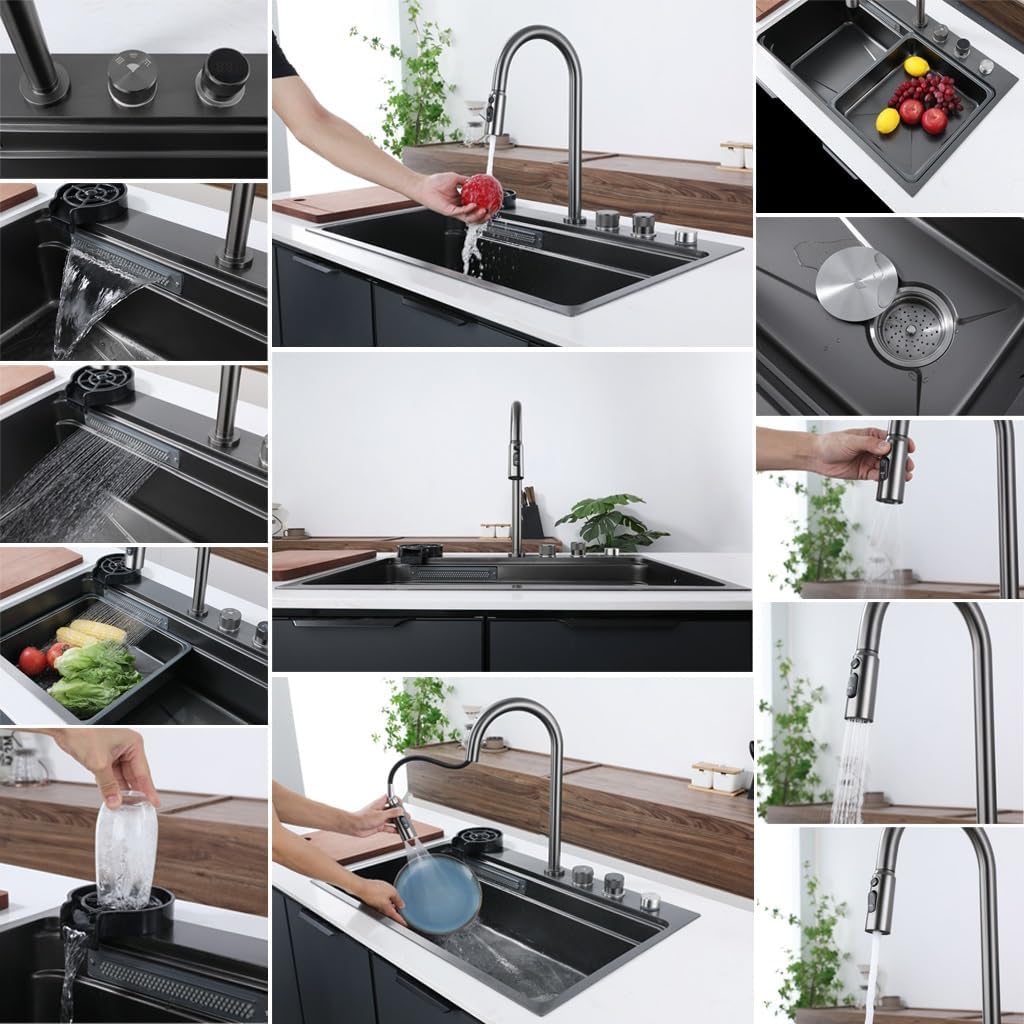 Stainless Steel Waterfall Kitchen Sink with Pull-Out Faucet Multi-Functional Single Bowl Bar Counter Kitchen Sink with Drain Basin Cutting Board and Cup Washer (Black 75x48x21cm)