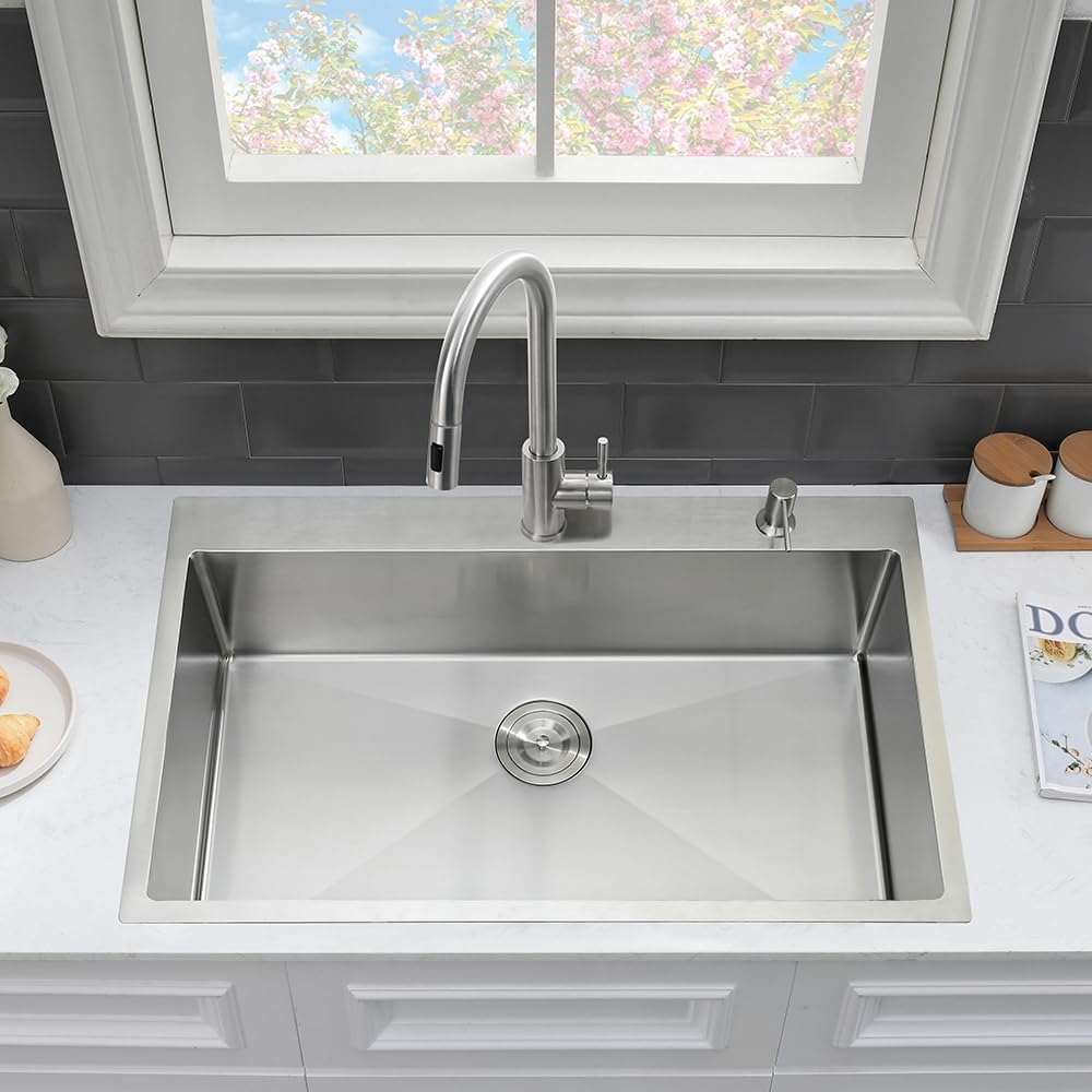 33 x 22 Drop In Kitchen Sink and Faucet Combo Set-VASOYO Stainless Kitchen Sinks Drop In Topmount Stainless Steel Deep Single Bowl Overmount Sink with Faucet