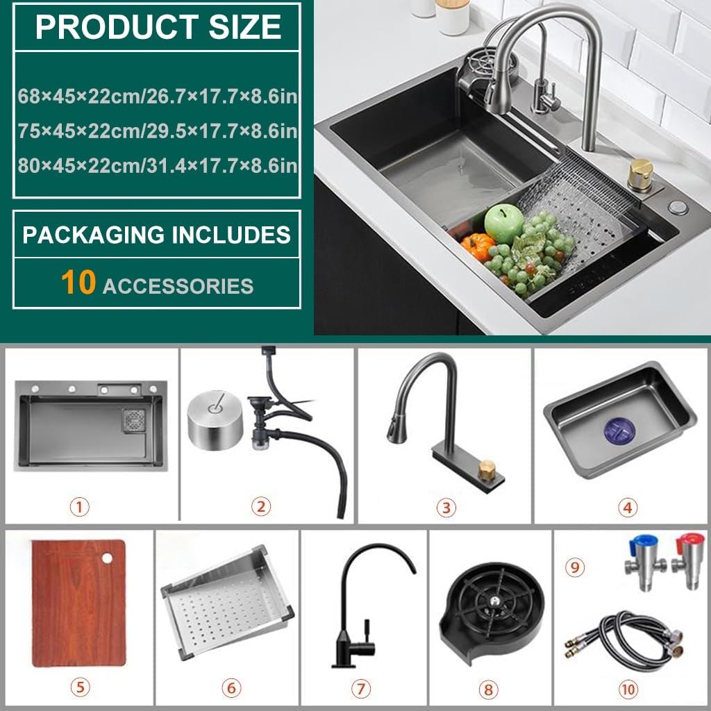 Stainless Steel Waterfall Sink Multifunctional Single Bowl Kitchen Sink Nano-Coated Workstation Sink with Pull-Out Faucet,Knob,Drain Basket,Cup Washer (
