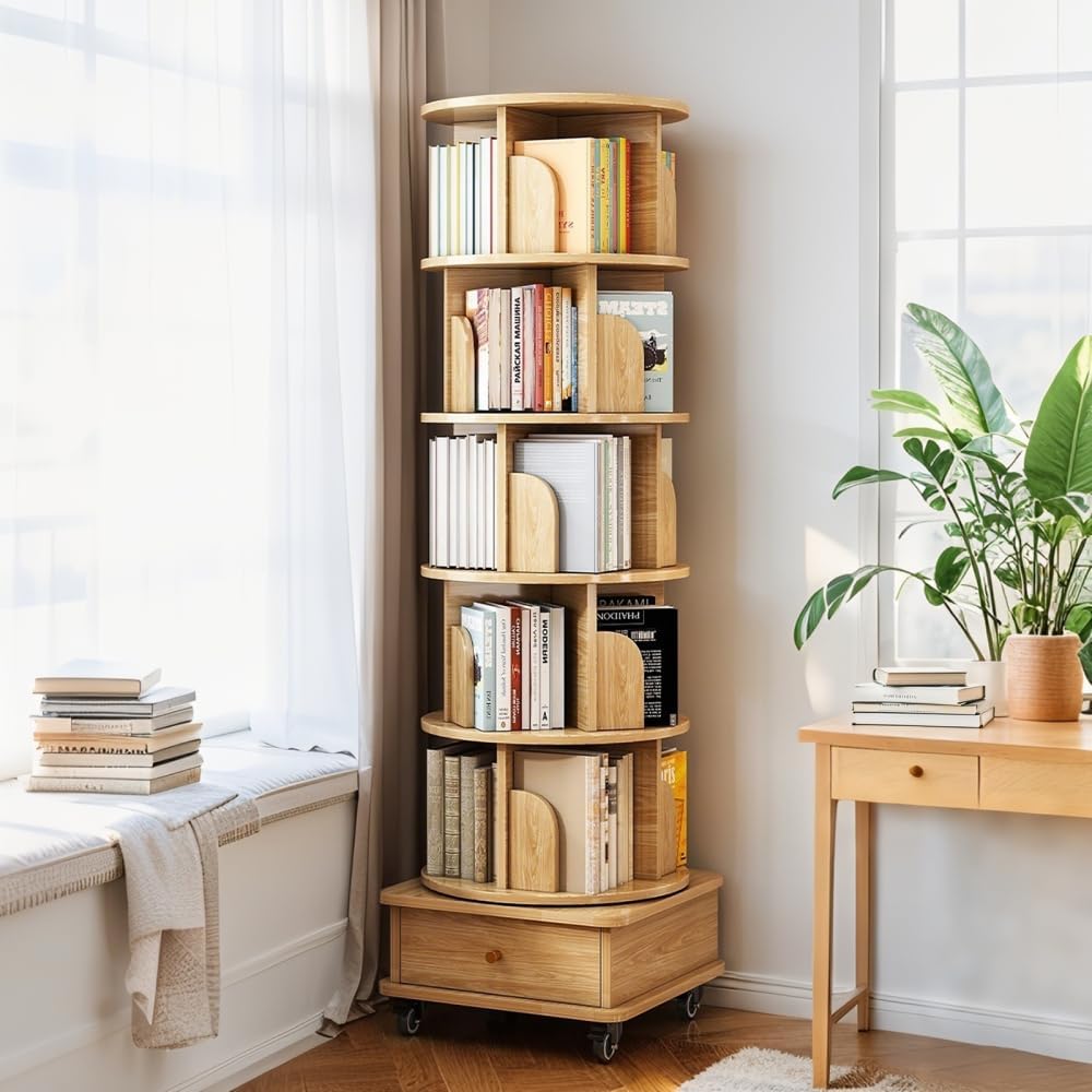 360° 6 Tier Rotating Bookshelf with Drawer and Wheels, Tall Bookcase for Small Spaces, Corner Shelf for Bedroom, Living Room, Office, Wood Bookshelf, Natural