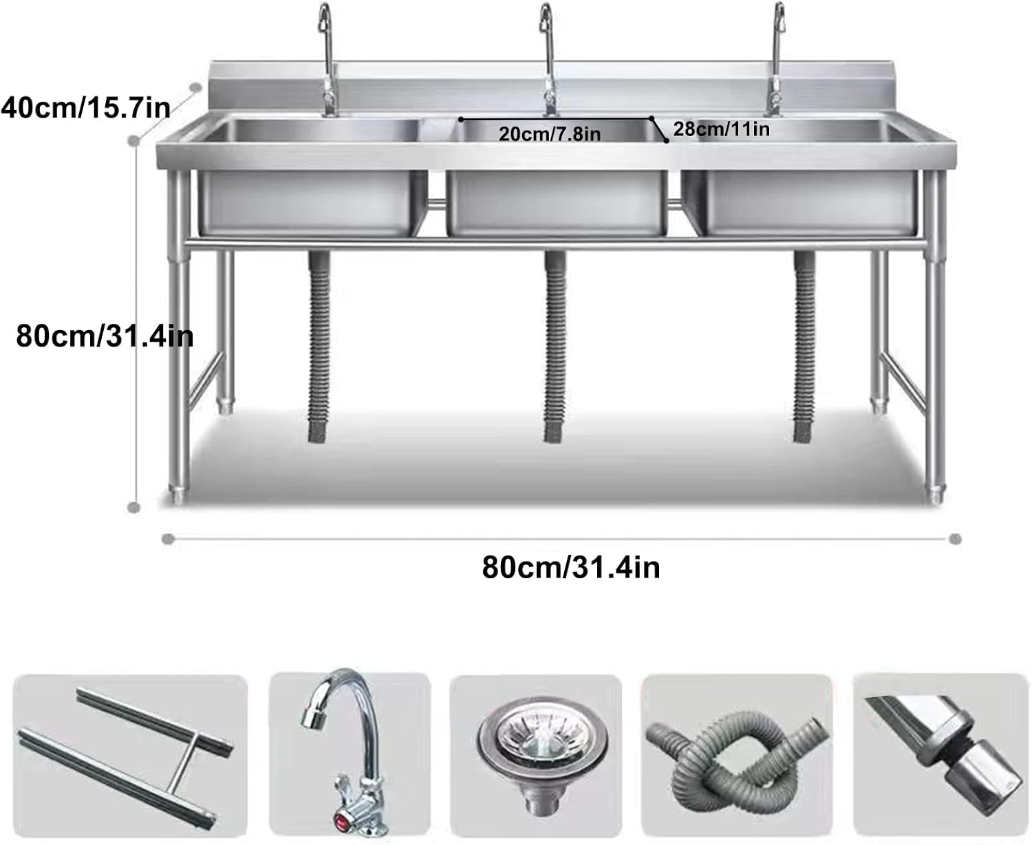 Three Compartment Stainless Steel Sink, Freestanding Utility Sink, Triple Bowl Commercial Kitchen Sink for Washing,80X40cm/31.4X15.7in