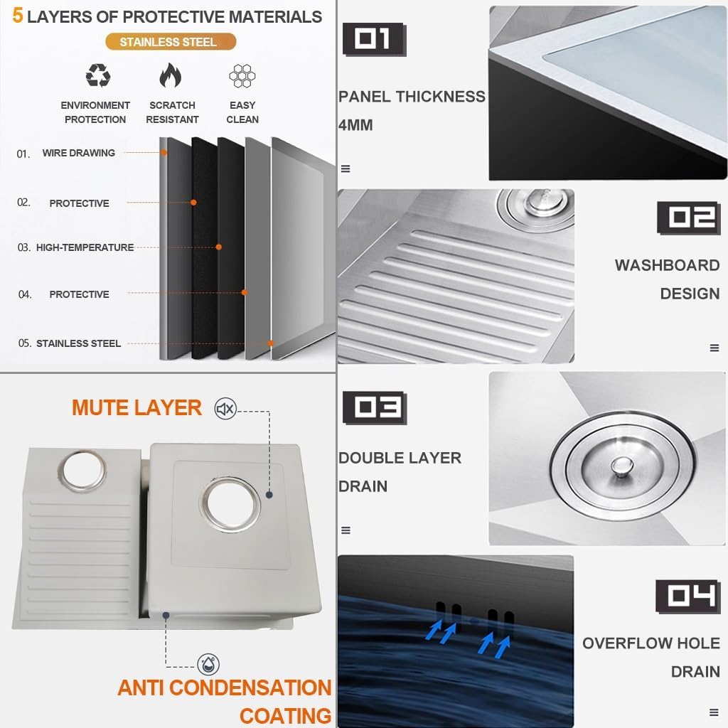Double Bowl Kitchen Sink Bathro Sinks with Washboard Large 304 Stainless Steel Laundry Sink Multifunctional Bar Kitchen Sink with Drainage Cponent (Color : Silver-b, Size : 60x48x21cm)
