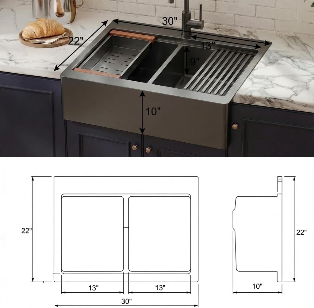 LQS Double Bowl Kitchen Sink, Undermount/Drop In Kitchen Sink, Double Bowl Stainless Steel Kitchen Sinks, 16 Gauge Stainless Steel Handmade Sinks (Black, 30' x 22' x 10')