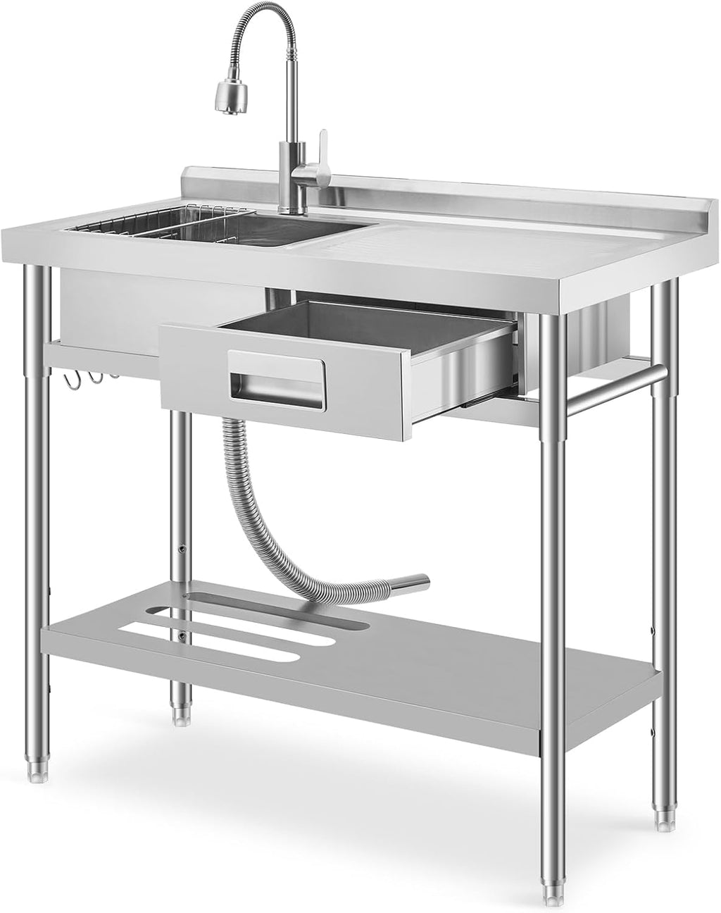 Garvee Freestanding Commercial Utility Sink with Faucet, Right Workbench, Drawer & Storage Shelf, Adjustable Stainless Steel Prep Sink for Kitchen, Garage, Restaurant & Outdoor Cleaning Station