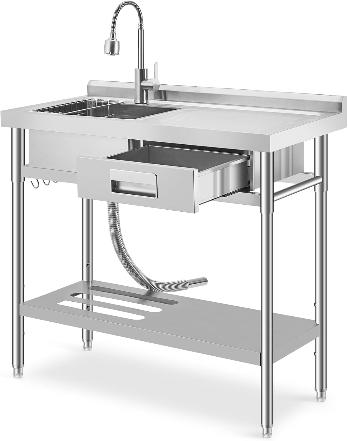 Garvee Freestanding Commercial Utility Sink with Faucet, Right Workbench, Drawer & Storage Shelf, Adjustable Stainless Steel Prep Sink for Kitchen, Garage, Restaurant & Outdoor Cleaning Station