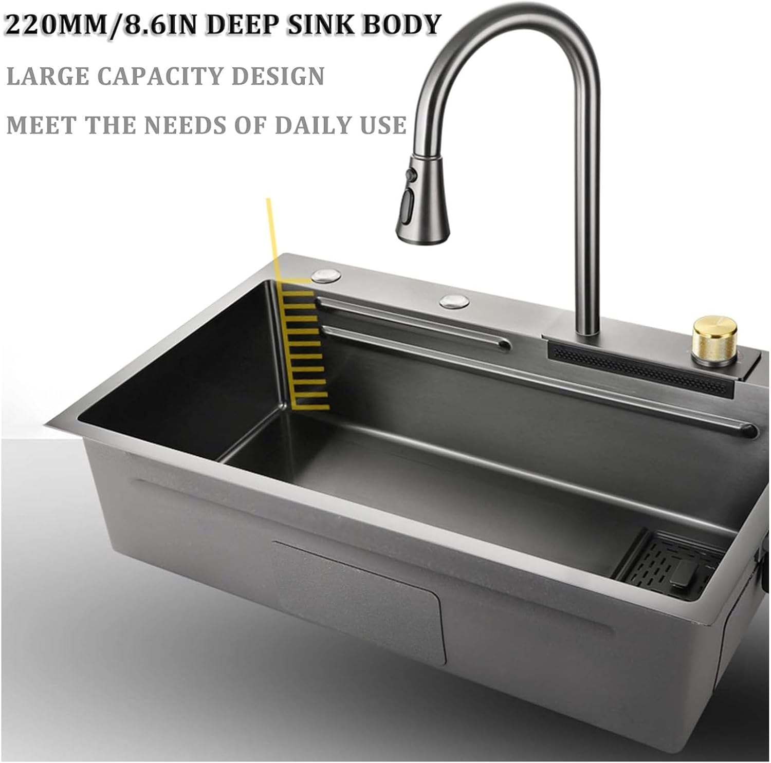 Black Nano Single Bowl Kitchen Sink 304 Stainless Steel Waterfall Bar Sink Multi-Purpose Handmade Sink RV Sink with Pull-Out Faucet and Drainage Components Top Mount Or Undermount