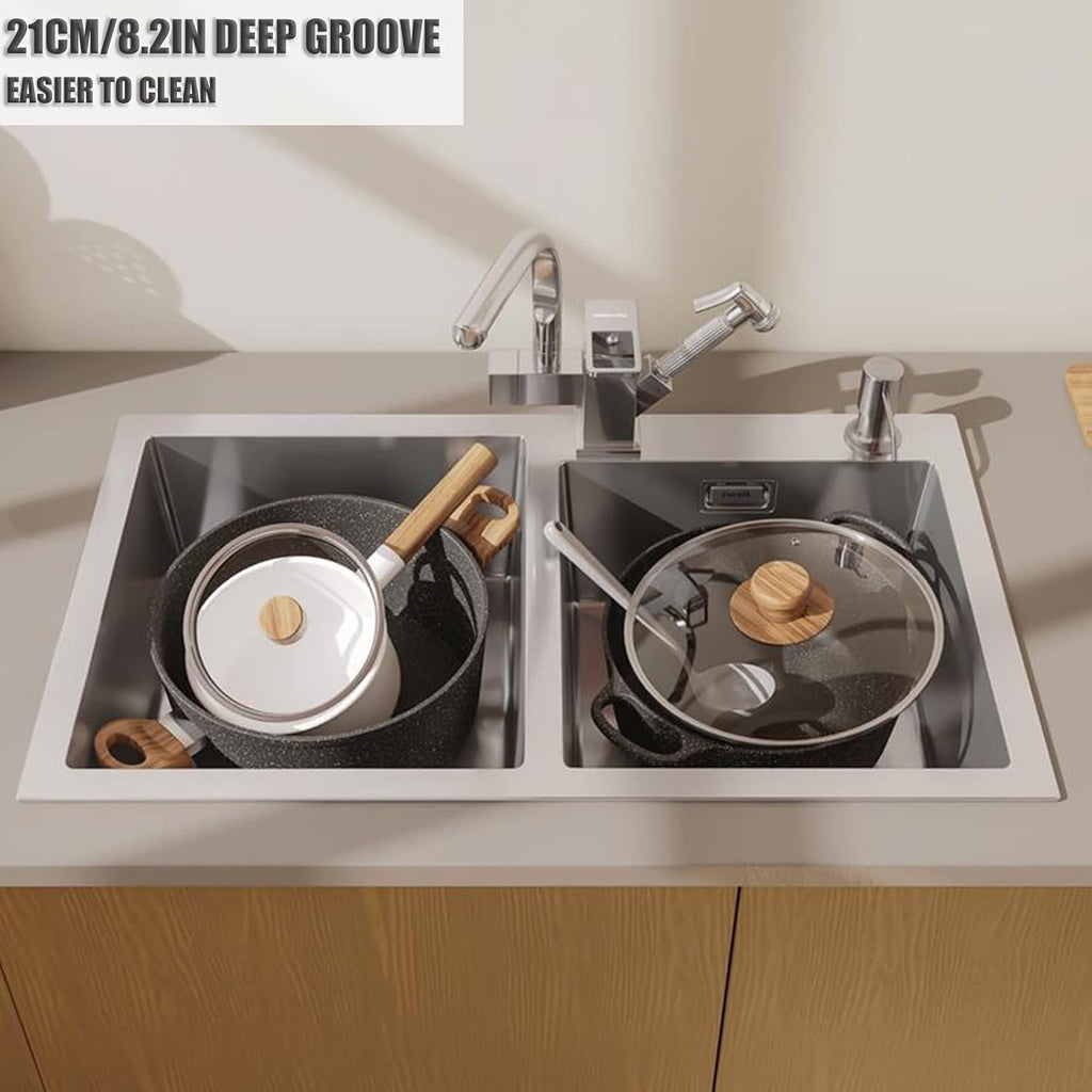 304 Stainless Steel Kitchen Sink Silver Double Bowl Bar Prep Sink RV Sink with Drain Pipe and Installation Kit Drop in Or Undermount (Color : NO Faucet, Size : 72x40x21cm) (Dhave Faucet 72x40x21c