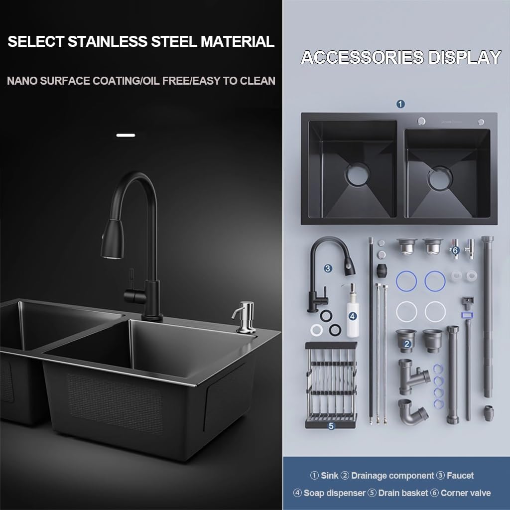OM Double Bowl Kitchen Sink with Pull-Out Faucet Stainless Steel Kitchen Workstation Sink Multifunctional Bar Sink with Complete Accessory Set (Black-72x40x21cm